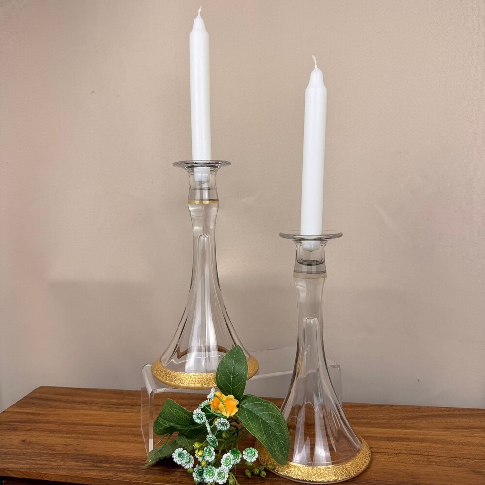 Vintage Art Nouveaux Set of 2 with Gold Gilded Trim Glass Candle Stick Holders